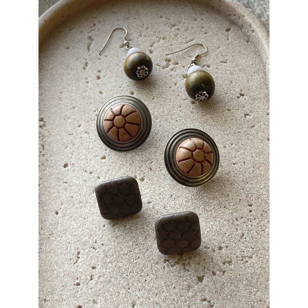 Earthy Earring Lot Set Of 3 Brown Bead Dangle Lagom Neutrals Rustic Boho Artisan